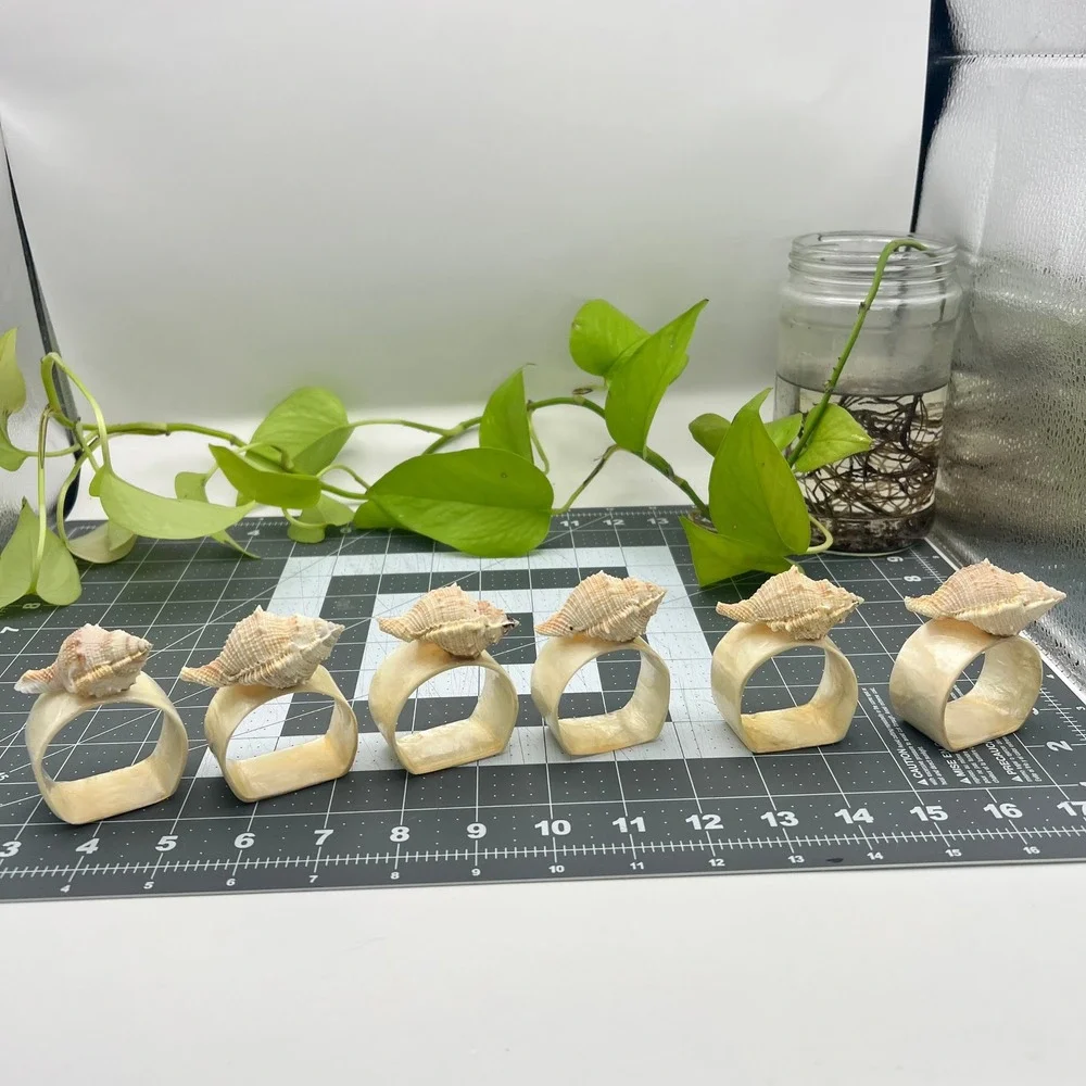 Vintage Mother Of Pearl Natural Sea Shell Napkin Ring Set(6) 1970s Retro Beach